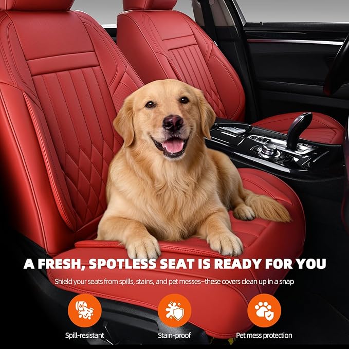 KEYOOG Universal 2-Seater Waterproof Breathable Nappa Leather Car Seat Covers Full Set, Fit for Front Seats, Compatible with Dodge Journey, Toyota Yaris, Honda Pilot HR-V City, Fit Most Sedans SUV Red