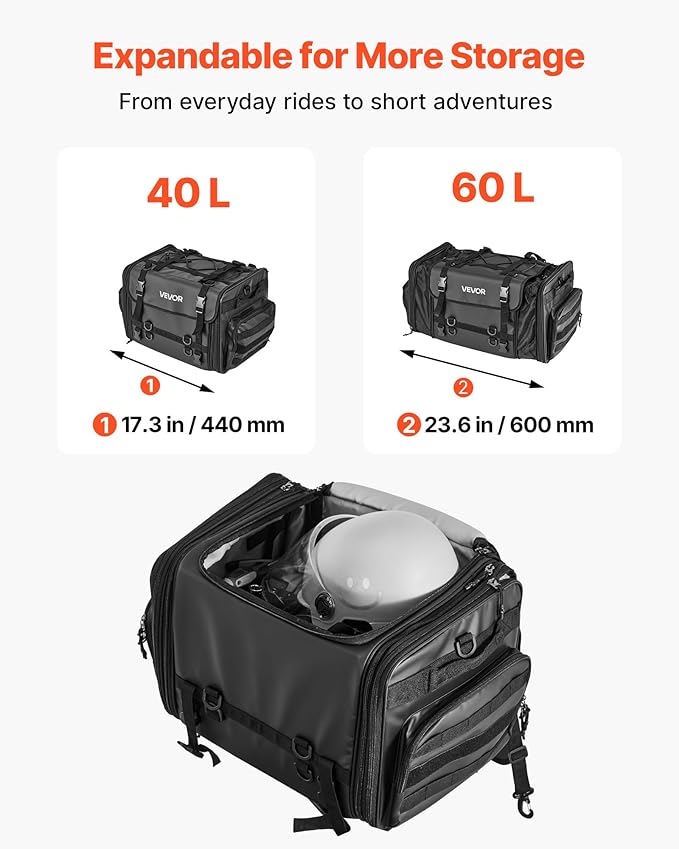 VEVOR Motorcycle Tail Bag, 40-60 L Expandable Motorcycle Rear Seat Bag with Waterproof Rain Cover, Foldable Outdoor Sports Motorbike Luggage Storage with Shoulder Straps, Pocket & Elastic Cord, Black