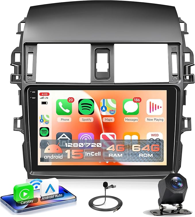Rimoody 4G+64G Android 15 Car Stereo Radio for Toyota Corolla 2009-2013, Wireless Carplay Andorid auto Mirror Link 9'' INCELL Touchscreen GPS WiFi Bluetooth 5.0 FM/RDS EQ-32 SWC Backup Camera