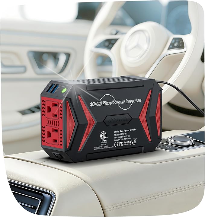 BESTEK Pure Sine Wave Power Inverter - 300W Car Plug in Charger Outlet DC 12V to 110V AC - Cigarette Lighter Adapter 4.8A Dual USB Fast Charging Ports for Phone, Laptop, CPAP - Black