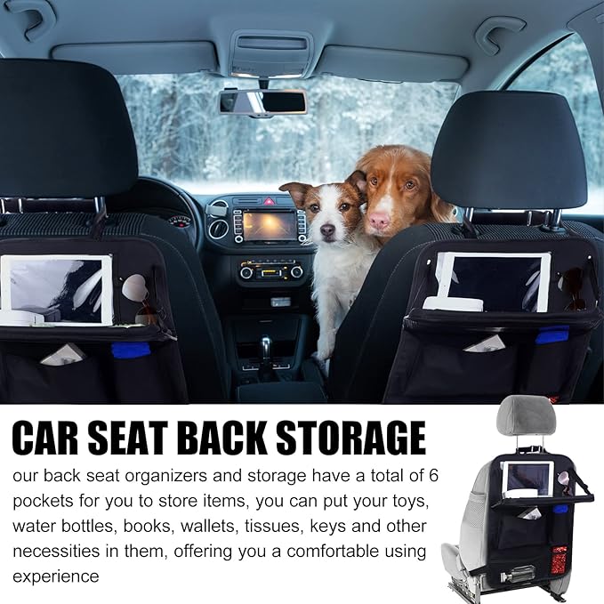 2 Pcs Backseat Car Organizers with Table Tray, 6 Storage Pockets Car Organizer with Tablet Holder, Kick Mats Protectors for Kids Travel Accessories Black, Unisex(Classic,Black)