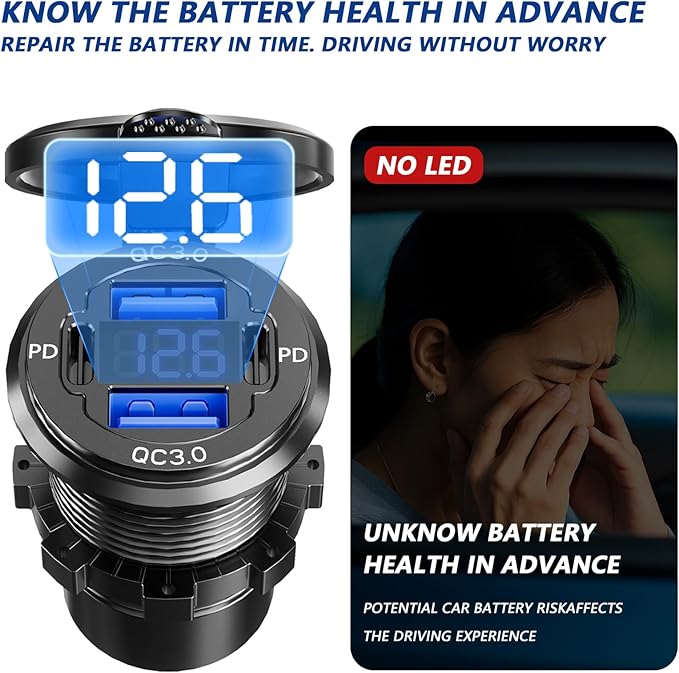 Dual PD USB C Ports & Dual Quick Charge 3.0 Ports Car Charger Socket, VANONE Aluminum Alloy Waterproof 12V USB Outlet, Accessories for Car Boat Marine Motorcycle RV ATV Truck Golf Cart, etc
