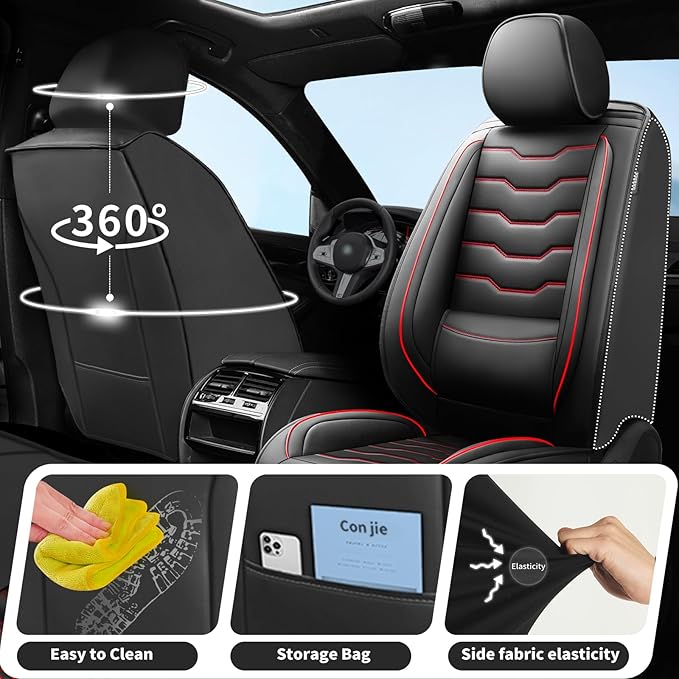 Fit Rogue Car Seat Covers Compatible with Nissan Rogue 2011-2025 2026 - Premium Leather， Waterproof Breathable， All-Weather Seat Cushion Protecto&Airbag Compatible (2 Front Seat Red Line Black)