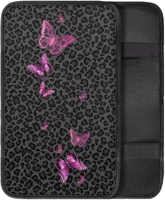 Pink Butterfly Leopard Print Soft Armrest Seat Box Cover Car Armrest Cushion Car Decor Protective Car Accessories Fit for Most Cars, Vehicles, SUVs