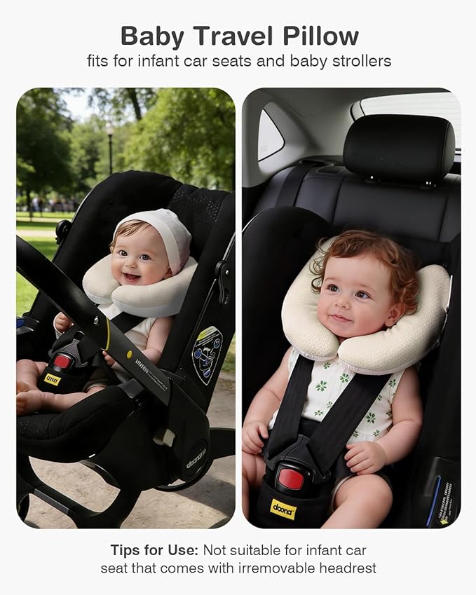 Baby Neck Pillow for Car Seat and Stroller, Adjustable Baby Head Support Pillow for Travel, Soft and Cushiony Torticollis Pillows for Infant and Newborn (Beige)