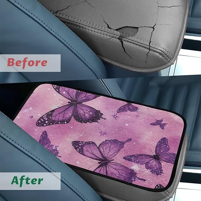 Purple Butterfly Auto Armrest Cover Flannel Anti-Slip Armrest Cover Car Soft Comfortable Cover Center Console Lid Protector Universal Fit Sedans,Cars,Vans,SUV,Truck