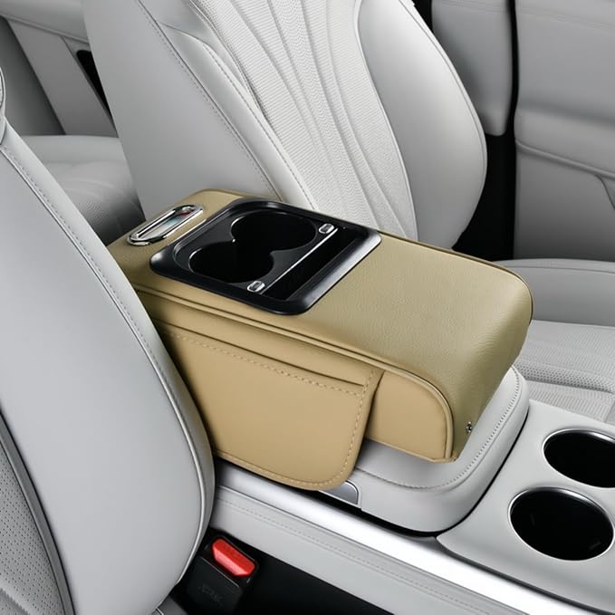 Armrest Box Pad for Car w/Type-C Charging Interface, Car Center Console Cover w/Cup Holder, Interior Car Accessories (Beige)