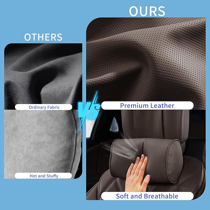Car Headrest Pillow for Driving - Luxury Leather 100% Memory Foam, Ergonomic Neck Support - Universal Fit Head Rest Travel Pillow for Most Cars, Home & Office, Brown, 2 Pack