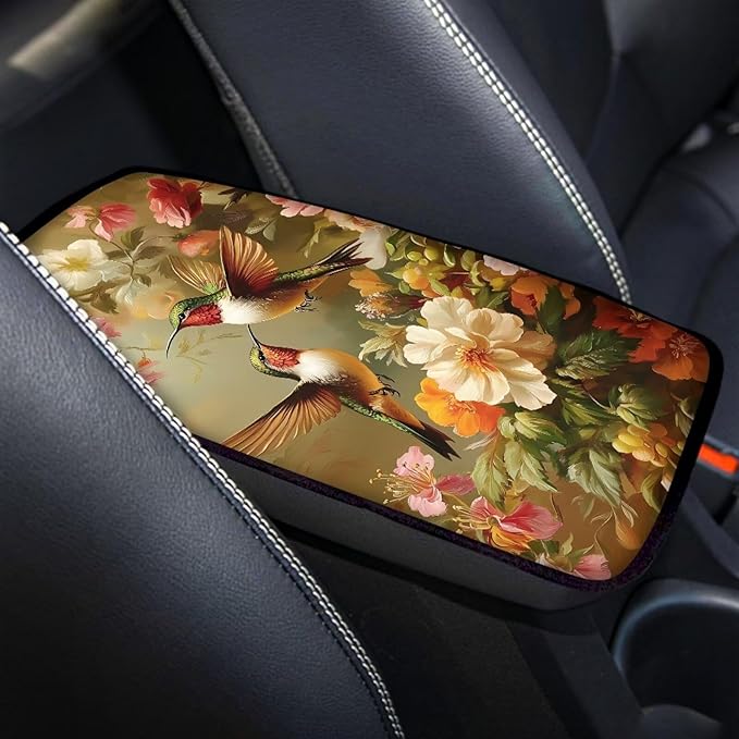 Dreaweet Car Center Console Cover Pad Hummingbird Flower Car Accessories for Women Softness Car Arm Rest Cushion Cover Universal Armrest Cover for Car SUV Sedan