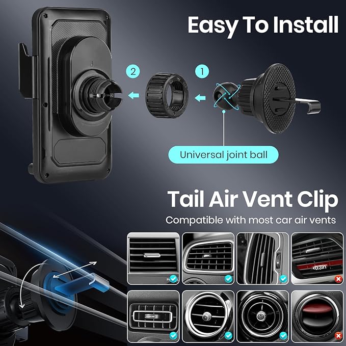 Car Phone Holder with 15W Wireless Car Charger, Car Vent Mount with Induction Opening and Closing, Air Vent Phone Stand with Horizontal and Vertical Screen Rotation Adjustment for iPhone -Sliver