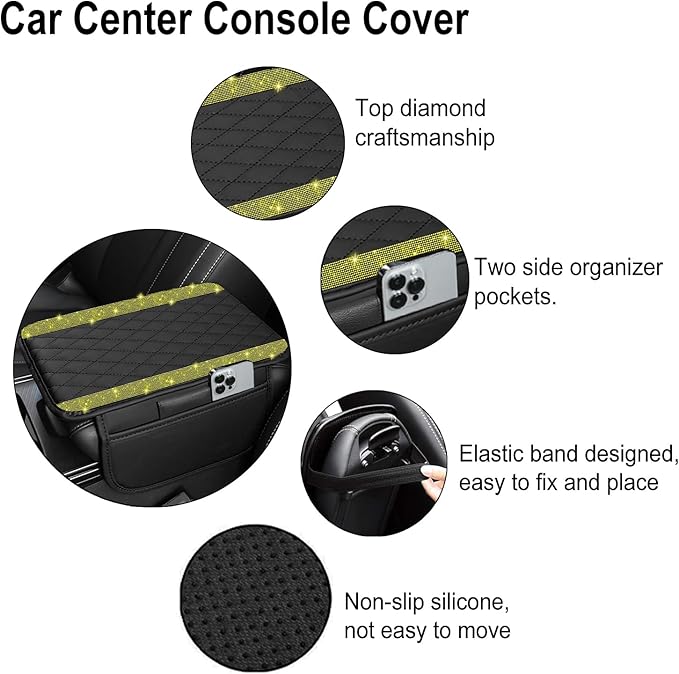 NBTEPEM Bling Car Center Console Cover, Leather Car Arm Rest Cover Cushion with 2 Storage Bags, Universal Auto Armrest Protector Storage Box, Bling Accessories Interior for Most Vehicles (Yellow)