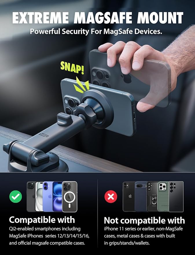 Bracketron MagSafe Car Mount,MagAlign Pro Extend Magnetic Phone Holder for Car Windshield & Dashboard, 360° Vacuum Suction Cup Phone Mount for iPhone 17 Pro Max 16 15 14 13 12,Car Accessories.