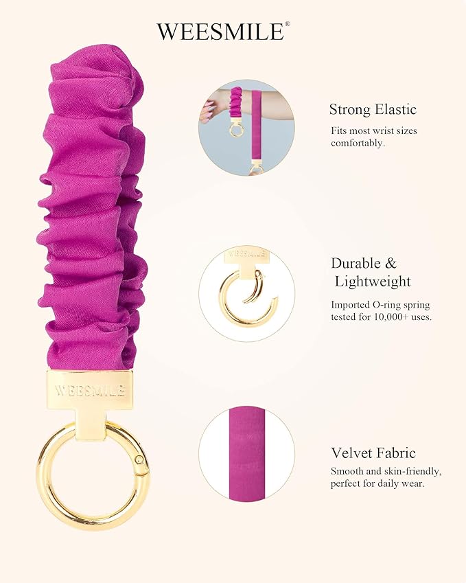 WEESMILE Keychain Wristlet, Stretchy Key Chain for Car Keys with D ring, Cute Scrunchie Wrist Bracelet for Women Men