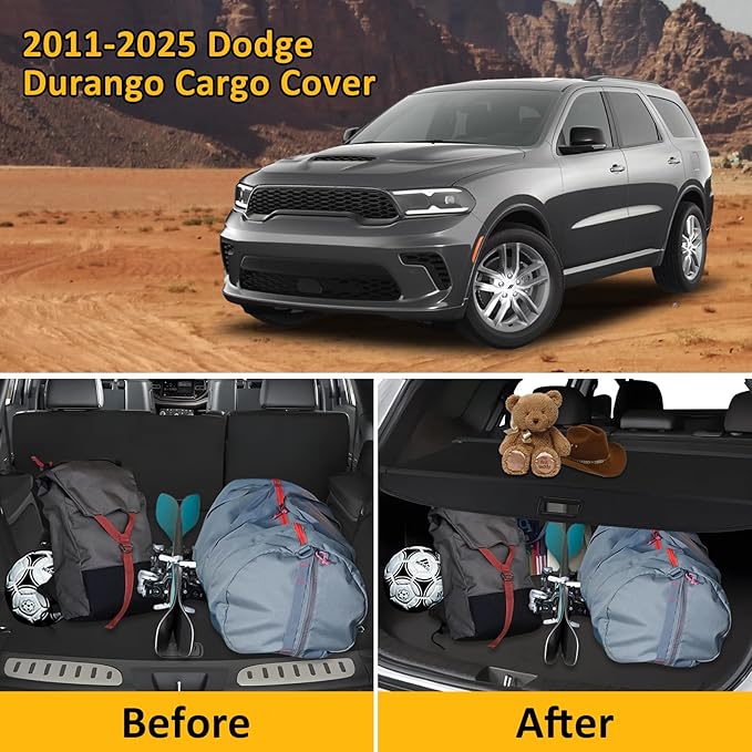Falafa Cargo Cover for 2011-2025 Dodge Durango with Carbon Fiber Texture Ends, Trunk Cargo Cover Retractable Trunk Shade Shield Rear Security Cover for Dodge Durango Accessories