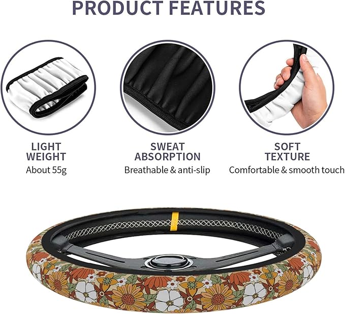 Car Steering Wheel Cover for Women Men, Non-Slip Retro Sunflower Floral Steering Wheel Protector, Universal 14"-15" Fit for Cars, SUVs, Trucks (Retro Sunflower Floral)