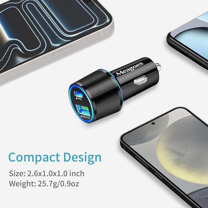67.5W Car Charger USB C Super Fast Charging, 45W USBC & QC3.0 Port Plug for iPhone 17 Pro Max/Air/16/15/iPad, Samsung S26 Android Cell Phone, Dual 12V Cigarette Lighter Adapter + 6.6 ft Type C Cable