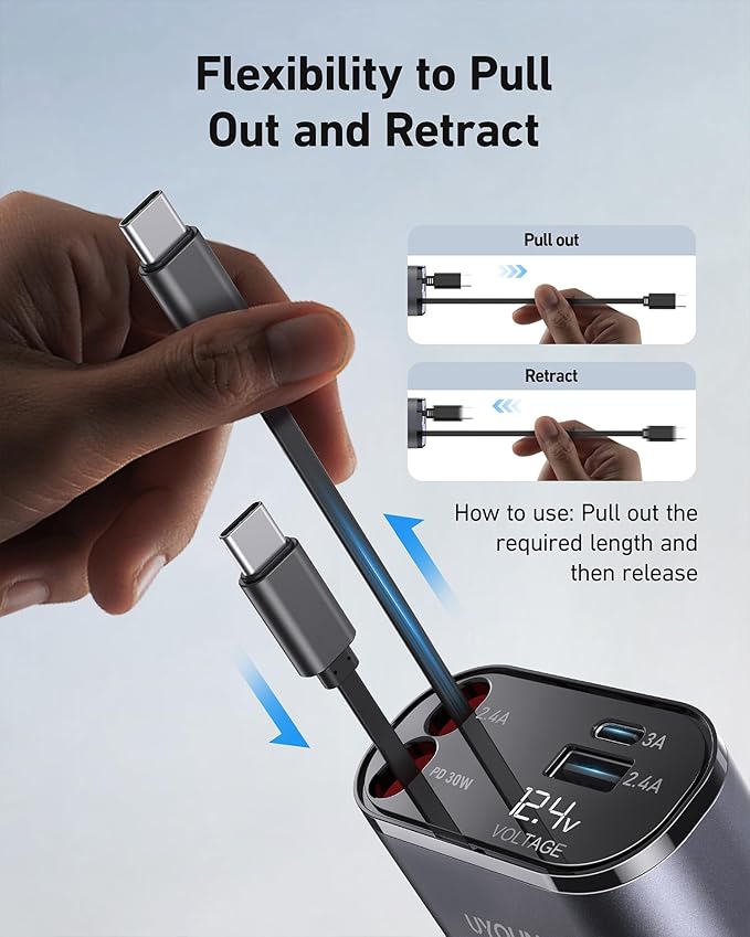 Car Phone Charger Retractable Car Charger 4 in 1 Fast Charger 30W Double USB Type C Retractable Cables 31.5 Inch and 2 USB Ports Car Charger Adapter for iPhone 17/16/15/14/13/12,Samsung,Pixel,iPad