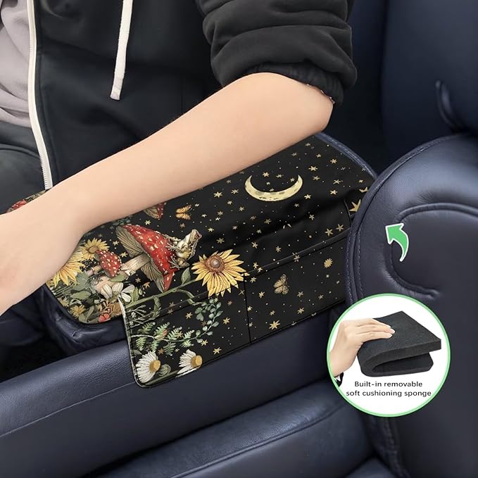 Dreaweet Starry Sky Mushroom Car Armrest Cover Pad Thick Center Console Cover with Pockets Cute Car Accessories for Women Universal Arm Rest Cover for Car Center Console for Truck SUV Cars Sedan