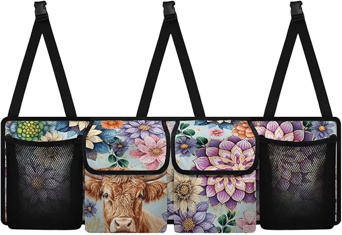 Highland Cow Car Trunk Organizer with Lid Boho Mandala Floral Blossom Large Capacity Backseat Hanging Organizer for Grocery Cargo