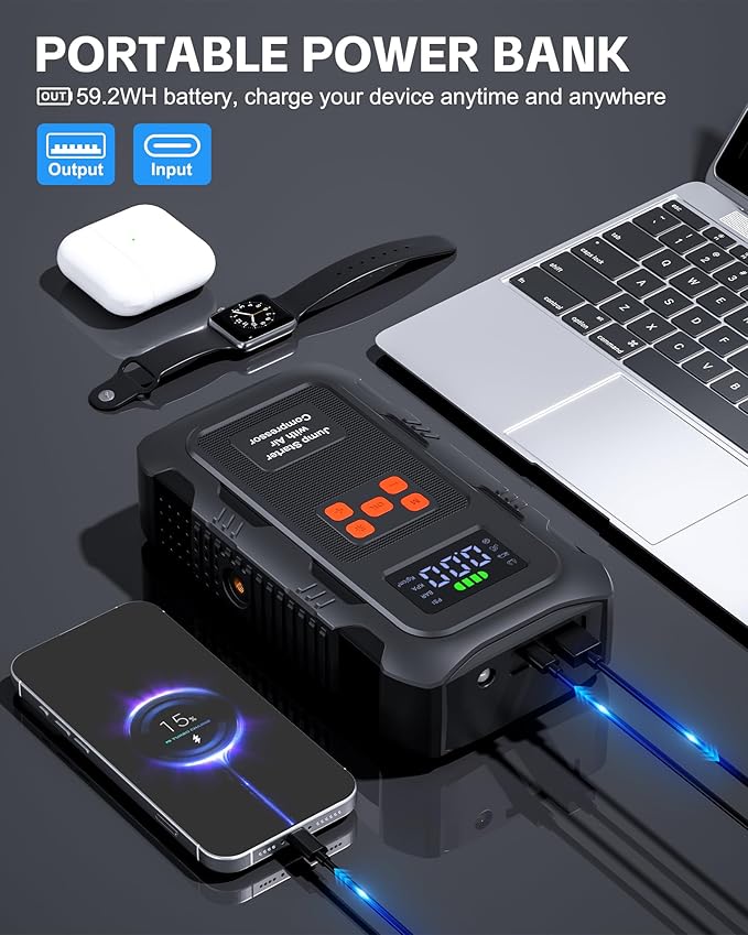 5000A Jump Starter with Air Compressor, Portable Car Battery Jump Starter with 150 PSI Tire Inflator for Up to 10.0L Gas and 8.0L Diesel Engines, 12V Jump Box Battery Charger Booster(Orange)