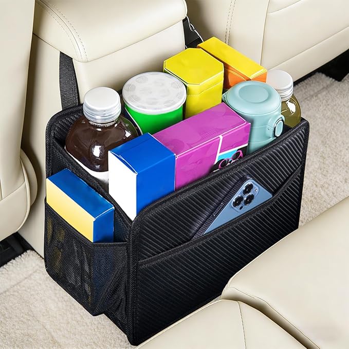 Car Seat Back Organizer, Foldable Vehicle Backseat Storage Hanging Bag with Mesh Pocket, Multipurpose Auto Headrest Storage Pouch Organizer Accessory, Universal Fit (Carbon Fiber Black)