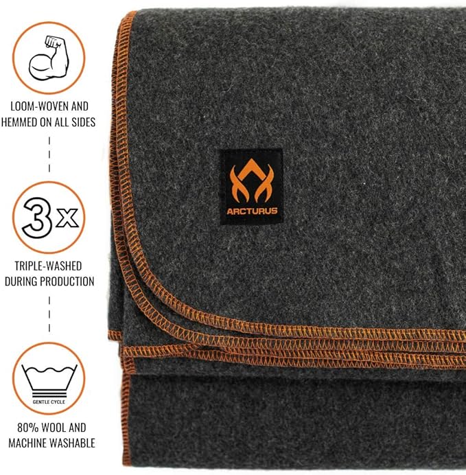 Arcturus Military Wool Blanket - Warm, Thick, Washable - Great for Outdoors, Camping, Stadium Blanket, Picnics, Travel - Car & Bushcraft Survival Kits