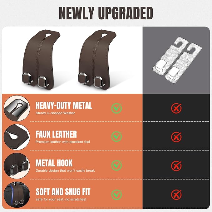 2PCS Car Hooks for Headrest, Faux Leather Purse Hook for Car Seat Back Organizers and Storage, Double Metal Purse Holder Bag Hanger, Universal Car Interior Accessories for Women Man