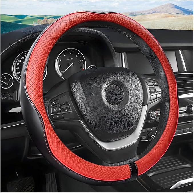 Leather Steering Wheel Cover, Soft Breathable Anti Slip, Universal Fit 15 Inch Car, Truck, SUV (Black/Red)