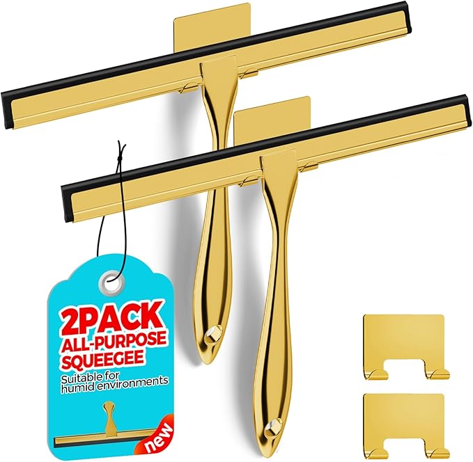 ALFLOD 2PACK All-Purpose Shower Squeegee for Shower Doors, Bath Linen Sets, Tile Shower Walls, Bathroom, Window, Glass and Car Windshield, Mirrors and Kitchen-Stainless Steel, 11.8-Inch Golden