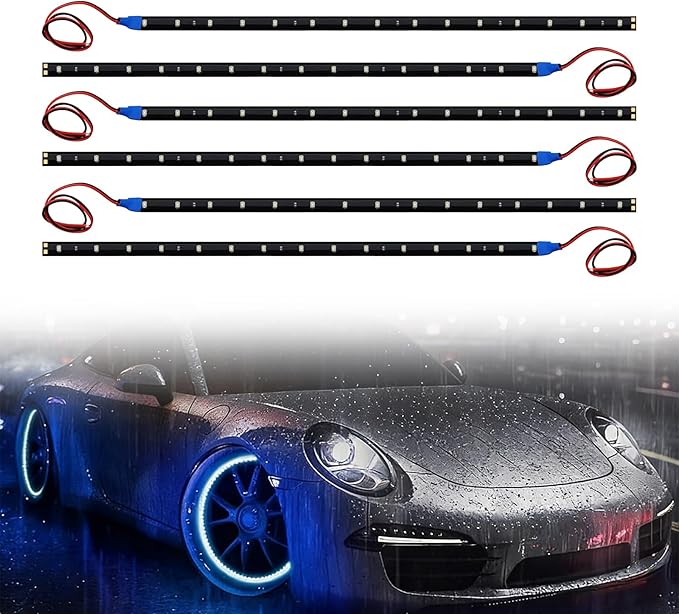 6 PCS 15 LED Strip Underbody Light, 1Ft 12V Waterproof Car Led Interior Exterior Strip Light with 6 Inch Wire, Waterproof Car Underglow Lights Motorcycles Golf Cart Boat Decoration (Blue)