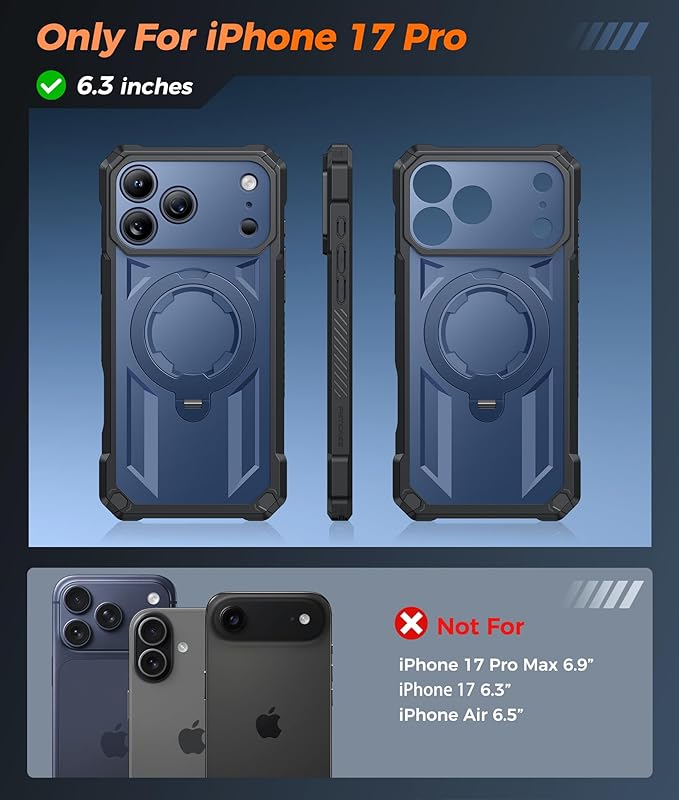 FNTCASE for iPhone 17 Pro Case: [360 Spin Magnetic Ring Kickstand] [Compatible for MagSafe] [Screen Protector] Heavy Duty Military Grade Protection Protective Phone Case with Stand Blue