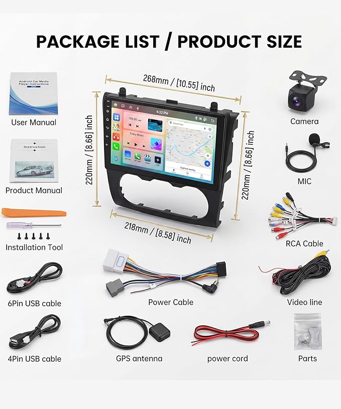 Android Car Radio for Nissan Altima 2008-2012 with Wireless CarPlay Android Auto, Orderich 6G+128G 9” Touchscreen Car Stereo Mirror Link GPS Navigation WiFi Bluetooth FM RDS EQ SWC Backup Camera