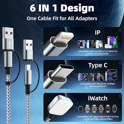 Travel Essentials 3 in 2 Charging Cable for Apple iWatch Charger (2Packs 5FT), UB-A/USB-C Multi Charging Cable/Cord for All Devices Compatible for iWatch Ultra/SE/10-1, iPhone16 15 14, Android, More
