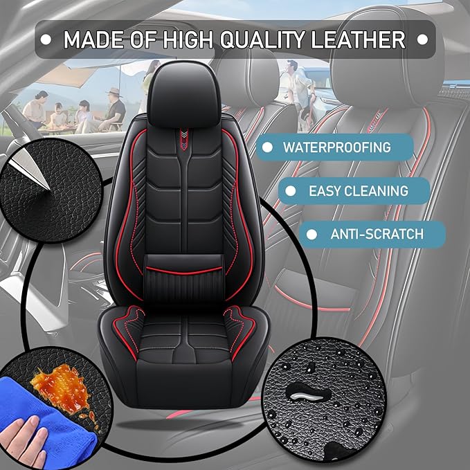 Leather Car Seat Covers Fit for Toyota RAV4 EV 2012-2013, 5 Seater Car Seat Cover, Premium Waterproof, Scratch Resistant Car Interior Accessories (Full Set Black Red)