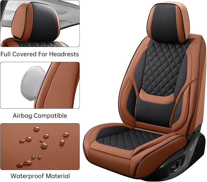 Car Seat Covers Full Set Brown, Luxury Faux Leather Waterproof Non-Slip Women Seat Protector Universal Fit for Most Cars SUVs Trucks Pick-ups,Car Interior Accessories (Brown Black-Full Set)