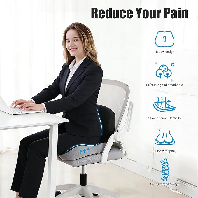 Memory Foam Car Seat Cushion Office Chair Cushion with Fixing Strap, L-Shaped Integrated Soothe Chair Seat Cushion for Lower Back Protection,Reenily Back Seat Cushion for Long Sitting Driver Office