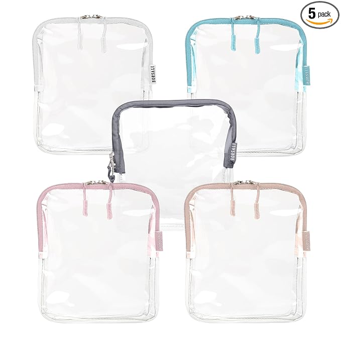 BORSALI TSA Approved Toiletry Bag - Clear Quart Size for 3-1-1 Carry On Travel - Makeup Organizer Cosmetic Pouch with Zipper - Travel Accessories - 5 Pack Colors