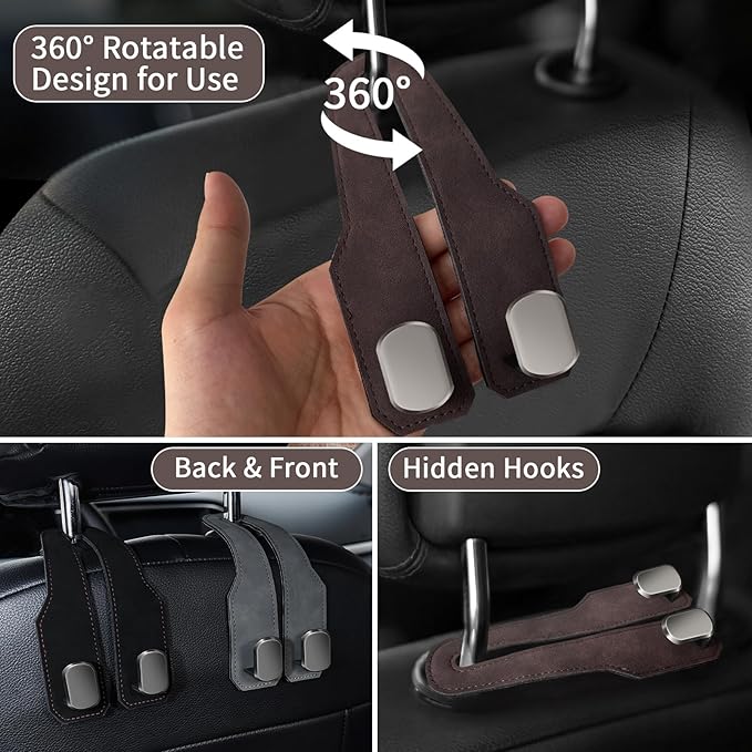 Car Seat Headrest Hooks for Purses and Bags, 2 Pack Bag Purse Holder for Car With Double Metal Hooks, Car Purse Hanger, Headrest Back Seat Handbags Hook Cute Hanging Accessories, Brown