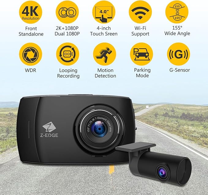 Z-Edge T4 Dash Cam Front and Rear, 4K Dual Dash cam, 2K+1080P Front and Rear, Touch Screen WiFi Car Camera, WDR, Night Vision, G-Sensor, Loop Recording, 24 Hours Parking Mode, Support 512GB Max
