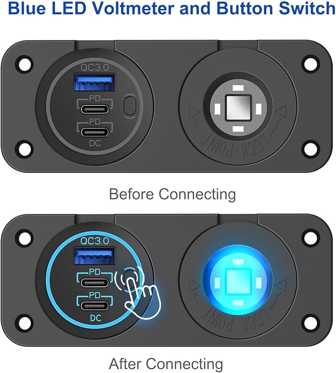Upgraded 78W 3 Port 12V 24V USB Outlet Cigarette Lighter Socket Panel, Dual 30W PD and QC3.0 Multi Port Cylinder Charger with Button Switch and 150W Lighted Socket 2 in 1 DIY Kit for Car Boat RV, etc.