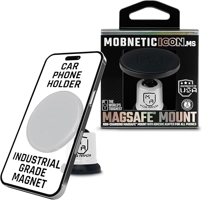 MobNetic Icon.MS MagSafe Compatible Phone Mount, Magnetic Phone Holder for Car w/ 90lb Pull Force, 90º Tilt & 360º Rotation, Aluminum Build, Compatibility for iPhone & Android (Alpine White)