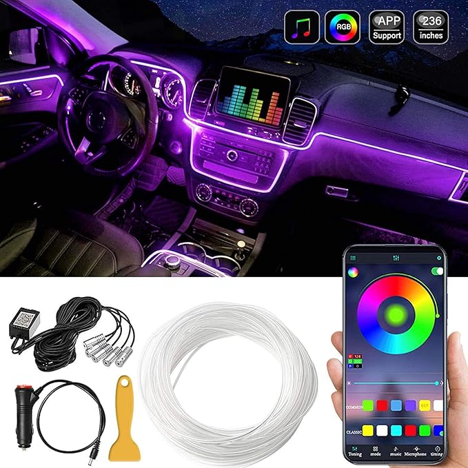 MAODANER Car LED Interior Strip Light, 16 Million Colors 5 in 1 with 236 inches Fiber Optic, Multicolor RGB Sound Active Automobile Atmosphere Ambient Lighting Kit - Wireless Bluetooth APP Control