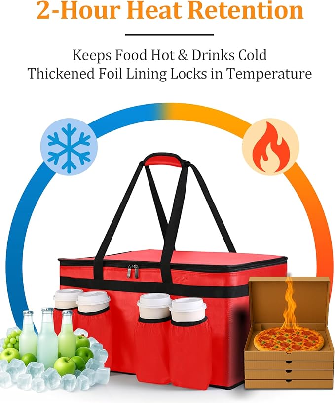 Bodaon Insulated Grocery Bags with 4 Cup Holders -Insulated Bags for Food Delivery with Zippered Top, Food Carrier for Catering, Pizza Bag and Cooler Bag for Takeout, Picnic, Shopping, Car Use