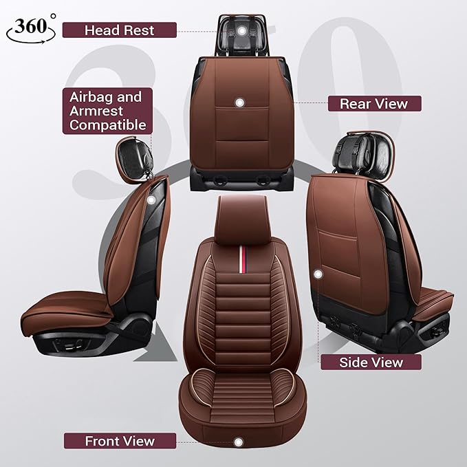 OASIS AUTO Car Seat Covers Front Seats Premium Waterproof Faux Leather Cushion Universal Accessories Fit SUV Truck Sedan Automotive Vehicle Auto Interior Protector (OS-001 Brown)