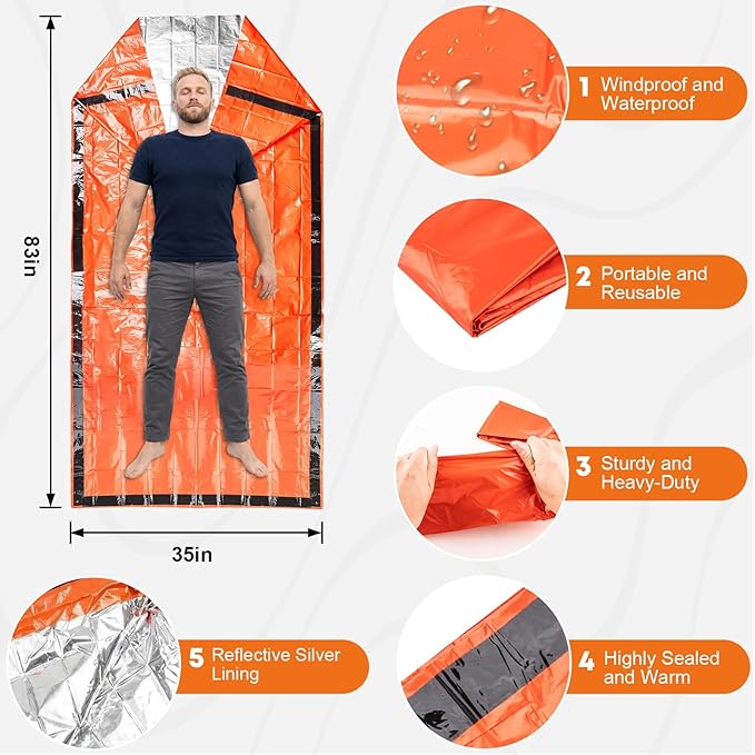 Emergency Sleeping Bag for Survival: 2 Pack Thermal Bivy Sack - 90% Heat Retention in 3 Seconds - 15°C Perceived Temperature Increase - 95% Full-Body Coverage for Family Camping