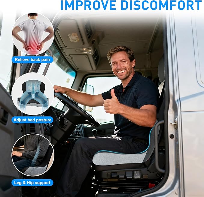 Denchy Car Seat Cushion with Lumbar Support for Long Sitting, Ergonomic Memory Foam Driving Seat Cushions for Semi Truck Bus Driver Trucker, Non Slip Office Chair Cushion (Dark Light Gray)
