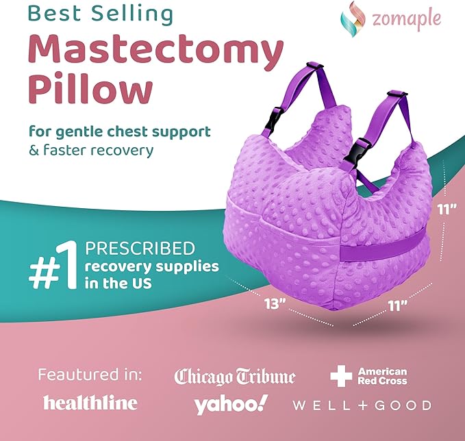 Zomaple Mastectomy Recovery Pillow with Strap, Swirly Gel Pack, Seat Belt Cover & Shower Lan – Post Mastectomy Must Haves, Breast Augmentation/Reduction & Mastectomy Recovery Supplies – Washable Cover