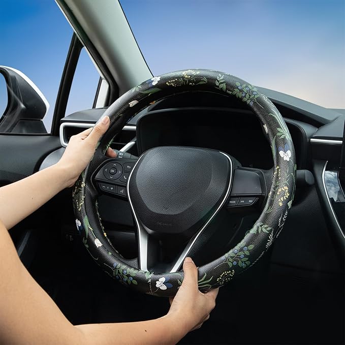 Boho Floral Steering Wheel Cover Auto Leather Steering Wheel Protector, Anti-Slip, Breathable, Absorbing Sweat, Universal Floral Car Accessories 14.5–15 inch,Fit for Most Car, Trucks, SUV