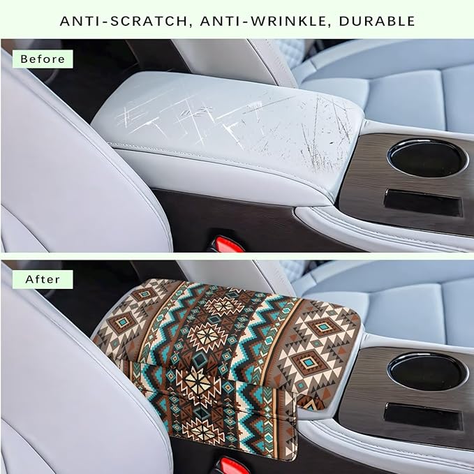 Dreaweet Car Center Console Cover Southwestern Native Indian American Aztec Navajo Arm Rest Cover for Car with Pockets Soft Comfy Thick Car Armrest Cushion Storage Box Mat