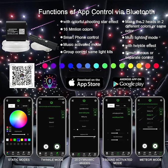AKEPO 20W Twinkle Dual-Head Dual Color Fiber Optic Lights, Fiber Optic Colorful Meteor Light Kit Sound Activated APP/Remote Control for Car Starlights Headliner/Home 800pcs 13.1ft/4m Fiber Strands